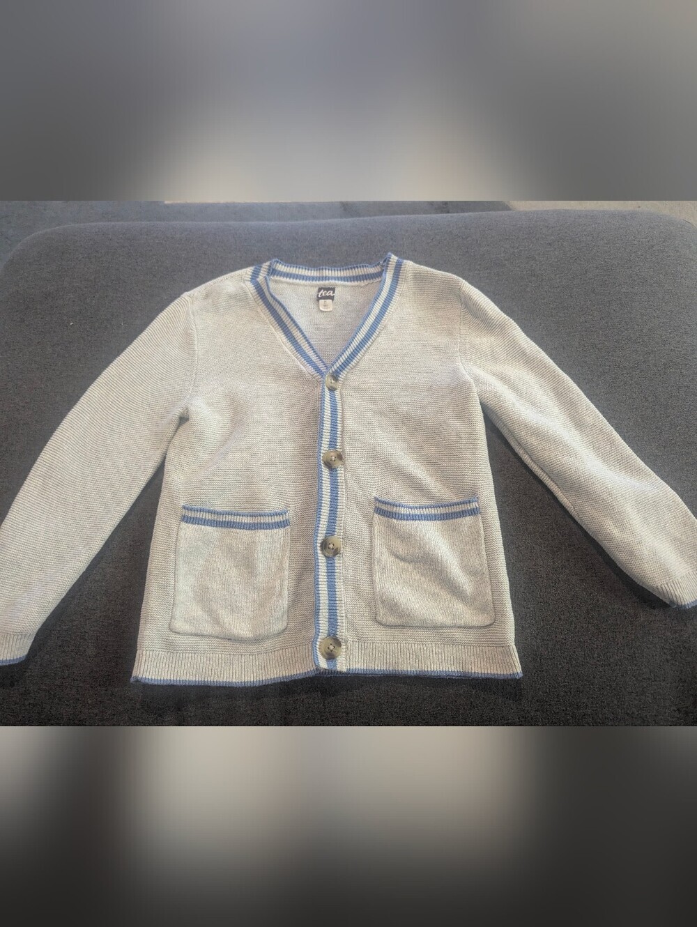 Tea Collection Light Gray Cardigan with Blue Trim